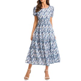 Shineflow Women's Summer Casual Crewneck Floral Print Puff Short Sleeve High Waist Midi Flowy Tiered Dresses (Blue,L)