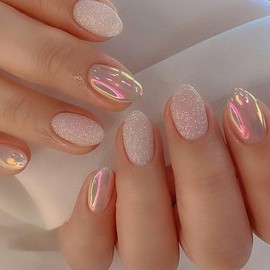 Clataly 24 Pcs Sparkling Pink Purple Sequins Aurora Meteor False Nail Pearlescent Fake Nail Press On False Nails (A)