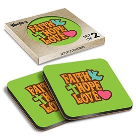 2 x Square Coasters - Faith Hope Love Religious Christian Cross Cork Backed MDF Glossy Tea Coffee Accessory #57594