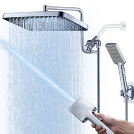 13 Inch Shower Head With Handheld Spray Combo, High Pressure Waterfall Showerhead Rain Shower Head With Handheld Tandem Showerhead With 12 Inch Extension Arm, Brass Shower Diverter (Polished Chrome)