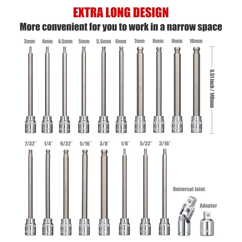 RIMKOLO 3/8 Inch Drive Long Ball End Hex Bit Socket