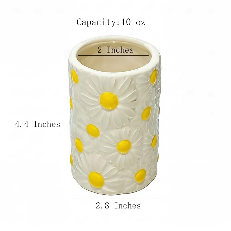 Gaolinci 2 Pcs Ceramic Mouthwash Cup, Daisy Embossed Toothbrush Holder,