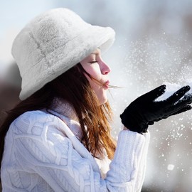 TUSBUIR Warm Furry White Bucket Hat Winter Faux Fur Fisherman Hat Fuzzy Hat Fluffy Cap for Women Men