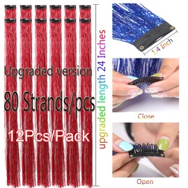 CelineBella Clip In Hair Tinsel Red Tinsel Hair Extensions 80 Strands/Pcs for Kid(24 Inch Pack of 12Pcs, Shining Red)