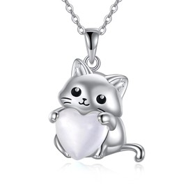 YFN Cat Jewellery Gifts for Women Sterling Silver Birthstone Cat Necklace Christmas Jewellery for Girls, Sterling Silver, No Gemstone