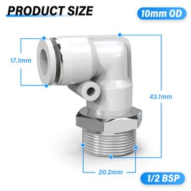 TAILONZ PNEUMATIC White Elbow Male Thread 10 mm Conduit OD x 1/2 BSP Push-in Fittings PL10-04 (Pack of 10)