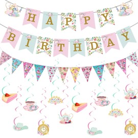 Tea Party Decorations Birthday Banner - Floral Decor Happy Birthday Banners Bunting Teapot Hanging Swirl, Flower Wonderland Theme Decoration for Women Girls Baby Shower Party Supplies