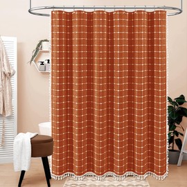 BTTN Boho Farmhouse Shower Curtain - Linen Rustic Heavy Duty Fabric Shower Curtain Set with Tassel, Water Repellent, Bohemian Vintage Country Cloth Shower Curtains for Bathroom - Burnt Orange - 72x72