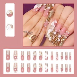 Square Press on Nails Long Fake Nails White 5D Flower Rhinestones Design Golden Glitter Glue on Nails Extra Long Square Nails Press ons French Tip False Nails Artificial Stick on Nails for Women 24Pcs