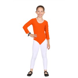 Hamishkane Children's Girls' Microfibre Jersey Dance Gymnastics Ballet Long Sleeve Bodysuit Top, neon orange