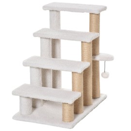 4-Level White Carpeted Wood Eco-Friendly Pet Stairs Cat Tree Climber Scratching Posts Hanging Play Ball Bed Sofa Kitten RampColor: White Color