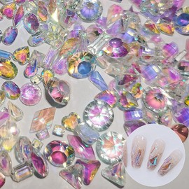 Samcos Rhinestone Nail Parts, Set of Approx. 120 Pieces, Small, Aurora Illusion Color, Sparkling, 3D, Flat Sole, Heterogeneal, Nail Stone, DIY, Color, Mixed Color, For Nail Art, Decor