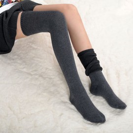 2 pairs of women’s knee high socks, coral, fleece, thigh long stockings, striped socks, winter - Black + Dark Grey