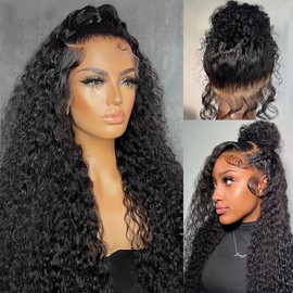 celaude Water Wave Lace Front Wigs Human Hair 360 Full Lace Frontal Wigs Human Hair 180% Density Deep Curly Lace Front Wig Human Hair with Baby Hair Natural Black 34 inch