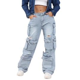 ThusFar Women's High Waist Baggy Jeans Flap Pocket Relaxed Fit Cargo Jeans Straight Wide Leg Ripped Denim Pants XL Blue