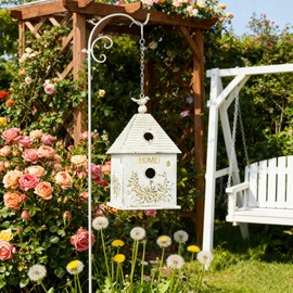 Vintage Metal Hanging Birdhouse, Home Decorative Bird House with Floral & Bird Accents, Weathered White Bird Home, Ideal for Outdoor Garden Decor