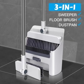 Broom with Dustpan Combo Set, 3 in 1 Brooms for Sweeping Indoor and Push Broom Outdoor with Dust Pan, 14.2 to 48.8 inch Adjustable Long Handle Broom and Dustpan Set Cleaning Tool (White)