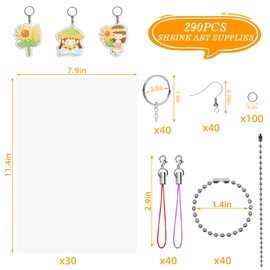 Natonhi 290 Pieces Heat Shrink Plastic Sheet Kit Include 30pcs A4 Shrinky Art Paper and 120 Keychains Accessories 20 Earring Hooks for Kids Creative Craft Homemade Shrinky Dinks and Keychain