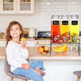 RimCereal 3 Pack 80 oz Tall Glass Drink Dispenser with Stand, Lid, Label and Stainless Steel Leakproof Spigot Beverage Water Dispenser Clear Mason Jar for Party Fridge(Square)