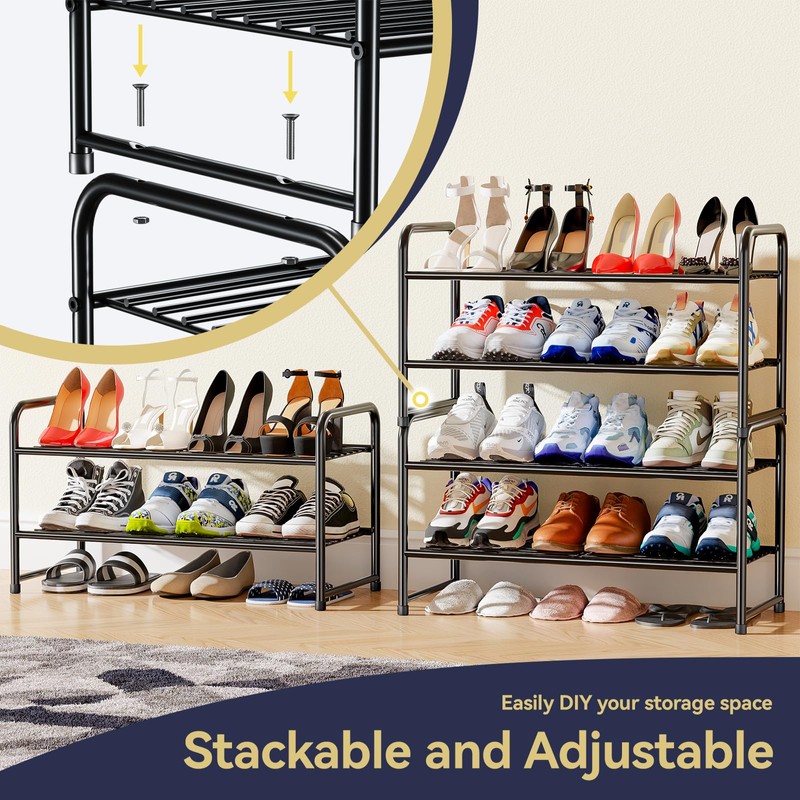 MWQ 2 Tier Shoe Rack Organizer for Closet, Stackble, Black