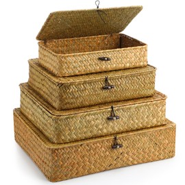 Didaey Set of 4 Seagrass Basket with Lid Wicker Storage Basket Decorative Storage Boxes with Lids Flat Storage Bins Woven Organizer Baskets for Shelf Closet Bedroom, 4 Sizes (Yellow)