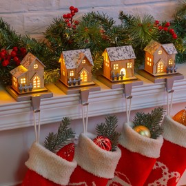 Christmas Stocking Holders for Mantle Set of 4, 4Pack Christmas Mantle Wood Room Stocking Hangers with Lights, Weighted Christmas Different Room Stocking Hooks for Fireplace Counter Window Decoration