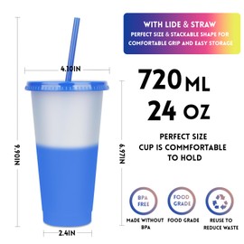 Pack of 5 Colour-Changing Cups with Straw and Lid, 720 ml Plastic Cups with Lid, Reusable Plastic Cups, Ideal for Children and Adults, Party Cups, Juice, Iced Coffee, Cold Drinks