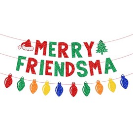 Pre-Strung Merry Friendsmas Banner Glitter Merry Christmas Friendsmas Banner for Home Office Christmas Party Decorations Friends Themed Xmas Holiday Decor