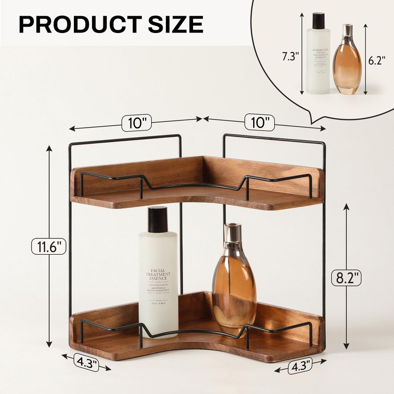 Snuvid 2-Tier Bathroom Counter Organizer, Wooden Corner Shelf for Vanity