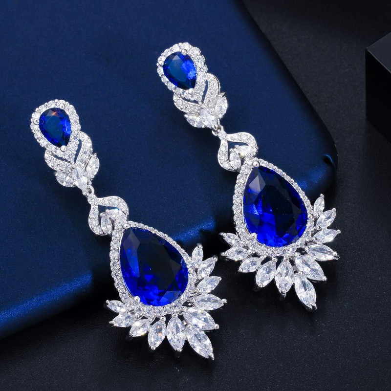 CWWZircons Big Blue Long Dangle Wedding Earrings for Brides Waterdrop
