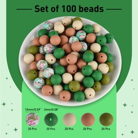 ASTARON 100 Pcs 15mm Silicone Beads for Keychain Making, Brown Green Beads Bulk Round Beads for Bracelets Crafts Beadable Pens Decorations Jewelry Making Party Favors Supplies
