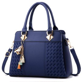 SMALLBLUER Bolso de mano con asa superior para mujer, de piel sintética suave, con colgante de borla, Azul, Talla unica