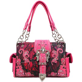 Justin West Camouflage Tree Branches Bling Rhinestone Cross Wings Buckle Crossbody Chain Messenger and Purse (Pink Buckle Handbag Wallet Set)