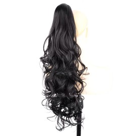 BOBIYA 24 Inches Claw Clip in Loose Curly Synthetic Wrap Around Ponytail Extensions Pony Tail Clip In Extensions (Natural Black)