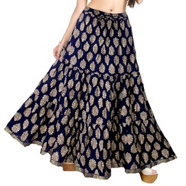 Chandrakala Chadrakala Women's Rayon Cotton Indian Crushed Flaire Long Maxi Skirt Gold Block Print,Free Size (S101), Navy Blue-114, One Size