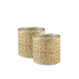 Serene Spaces Living Cottage Cane Wrapped Glass Hurricane Candle Holder, Flower Vase, Table Centerpiece, Boho Wedding Reception Decor, Living Room, Fireplace Mantel, Set of 2, 4" Diameter & 4" Tall