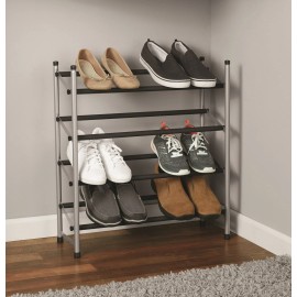 Mainstays 4-Tier Expandable Shoe Rack Black Rod, Steel Powder Coating Silver