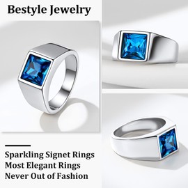 Bestyle Stainless Steel Square 8mm*8mm Blue Topaz Sapphire Ring for Men-Black Gemstone Signet Pinky Ring-Solid Chunky Thick Men Band Ring Simple Ring Stackable, Size 8