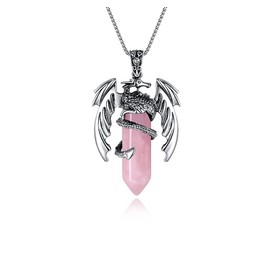 XIANNVXI Vintage Rose Quartz Crystal Healing Stone Necklace for Men Women Dragon Necklace Cool Simple Retro Natural Reiki Spirtural Witch Gemstone Pendant Jewelry