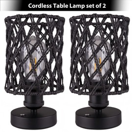 ALL FORTUNE Cordless Outdoor Table Lamps, Small Rattan Boho, Rechargeable Battery Operated for Outdoor Patio, Home, Living Room, Bedroom, Bedside - Set of 2 (Black-A)