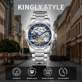Gute Men's Watch Mechanical Skeleton Watch, Watch for Men Engraved Automatic Self-Wind Mechanical Big Dial Hollow Wrist Watches, Mechanical