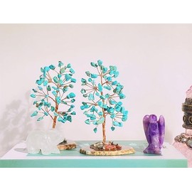YATOJUZI Green Turquoise Crystal Trees Natural Crystals Stones Gemstones Tree Copper Wire Agate Base Tree of Life Feng Shui Decor Reiki Energy Lucky for Room Desk Home Decors Gifts for Women Men