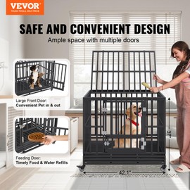 VEVOR 42 Inch Heavy Duty Dog Crate, Indestructible 3-Door Kennel for Medium to Large Dogs With Lockable Wheels and Removable Tray, High Anxiety Crate for Indoor & Outdoor