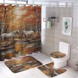 FOCCAFB Abstract Forest Horse Shower Curtain Sets with Non-Slip Rug, Toilet Lid Cover and Bath Mat, Nature River White Animal Shower Curtain Sets with 12 Hooks, Shower Curtain for Bathroom Set Decor
