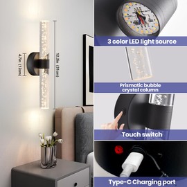 Battery Operated Black Wireless Wall Sconces 2-Pack,10000mAh LED Rotate Wall Light with Remote Dimmable, 9 Color with Bubble Crystal, 3 Color Temperatures, RGB Timing Lights for Living Room, Bedroom