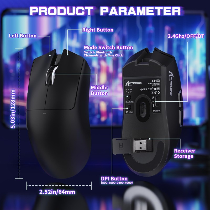 Attack Shark X11SE Ultra-Light Wireless Gaming Mouse, Tri-Mode-2.4G/USB-C Wired/BT, PixArt