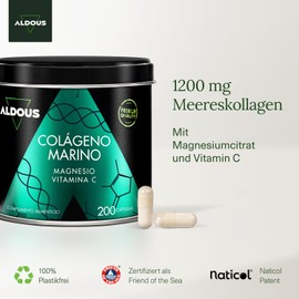 Aldous Bio Kollagen Kapseln - 1200mg reines Marine Collagen Typ 1 und 3 mit Magnesium und Vitamin C - 200 Kapseln fr +2 Monate Vorrat - Kollagen Hydrolysat Peptide - Haare, Haut und N?gel, Knochen und Gelenke