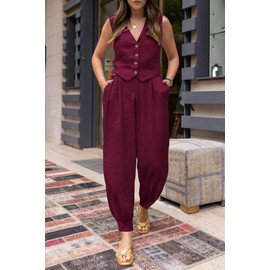 PRETTYGARDEN Womens Summer 2 Piece Outfits V Neck Button Front Cropped Tank Tops Vest And Pockets Pants Cotton Matching Sets (Dark Red,X-Small)