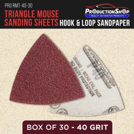 ProductionShop Premium 40 Grit Triangle Mouse Detail Sander Sandpaper Sheets, Box of 30 - Hook & Loop, Triangular Shaped Mouse Disc Pads - Oscillating Multi-Tools - Woodworking, Sand Furniture Paint