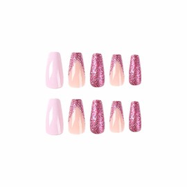 Rilafuvu Pink Press on Nails Medium Fake Nails Acrylic Nails Rhinestones Nail Press ons Glitter Glue on Nails Glossy Artificial Nails Press on Nail False Nails for Women and Girls 24Pcs